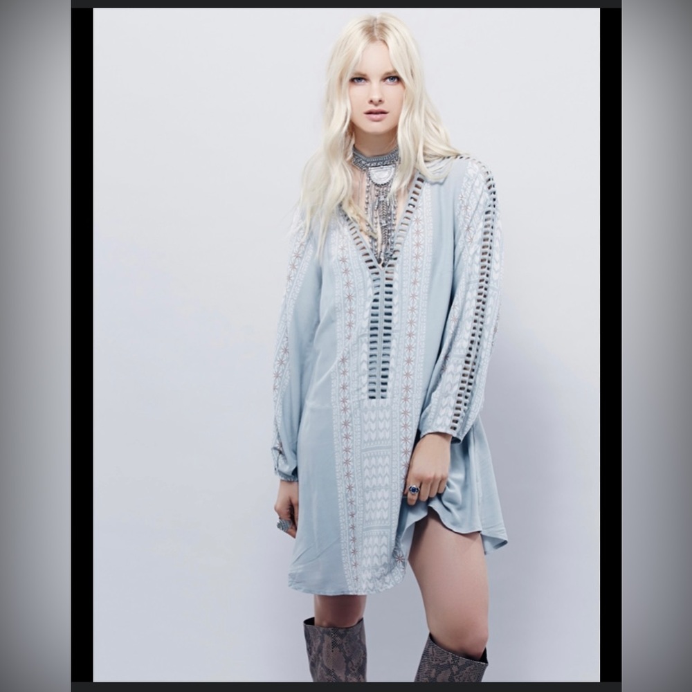 Free People Dusty blue boho flowing cross stitch pattern long sleeve dress s